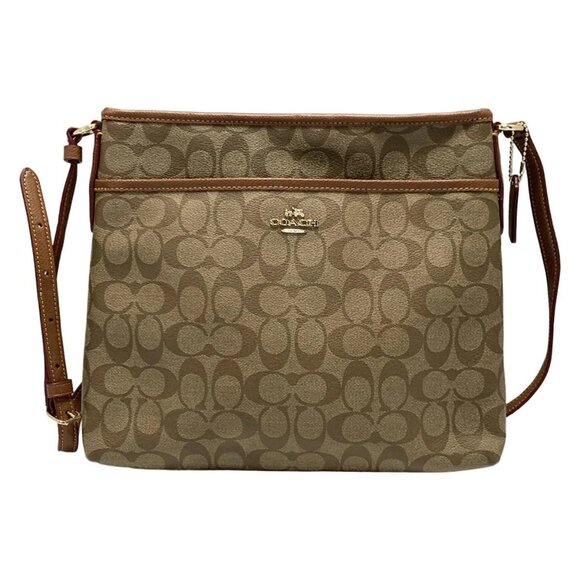 Auth COACH Luxury Signature File Bag F34938 Khaki Dark Brown PVC Leather - Picture 1 of 8